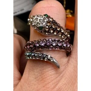 Rainbow rhinestone snake wrap ring silver plated size 6.5